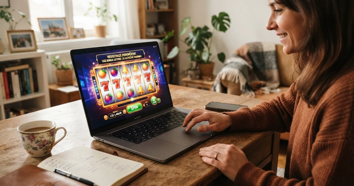 Roztočené válce online automatu s blikajícími světly a nápisem free spiny na obrazovce počítače v českém domácím prostředí
