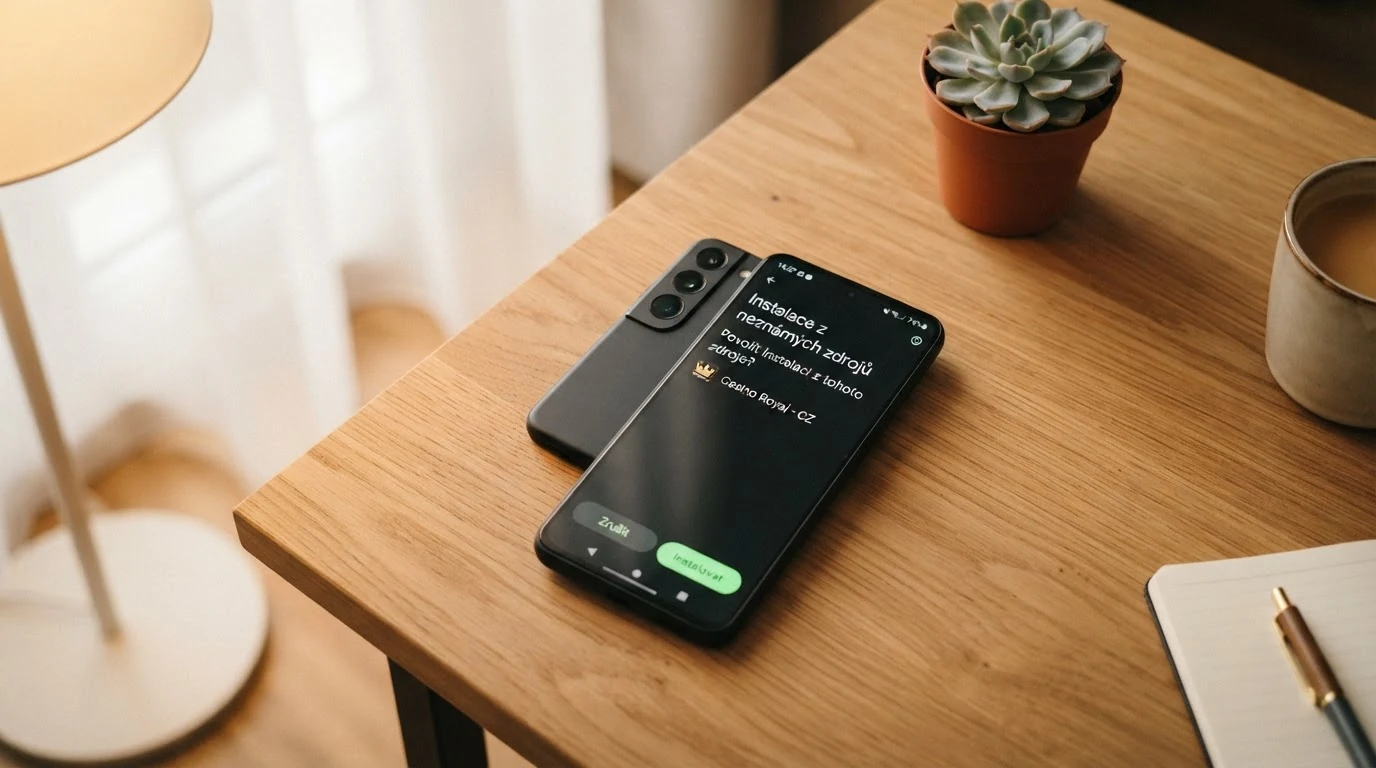 Telefon s Androidem a staženým souborem APK z webu provozovatele