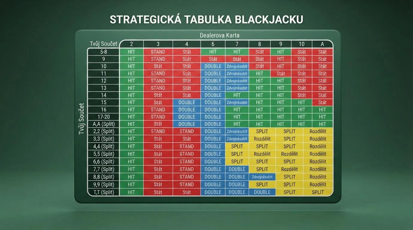 Základní strategická tabulka blackjacku — barevně odlišená matice kombinací karet hráče a dealera s vyznačenými optimálními tahy (hit, stand, double, split).