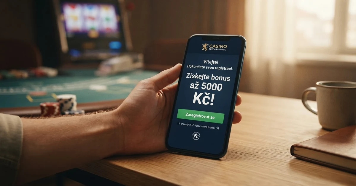 Uvítací obrazovka online kasina s viditelnou nabídkou bonusu za registraci a tlačítkem „Zaregistrovat se“