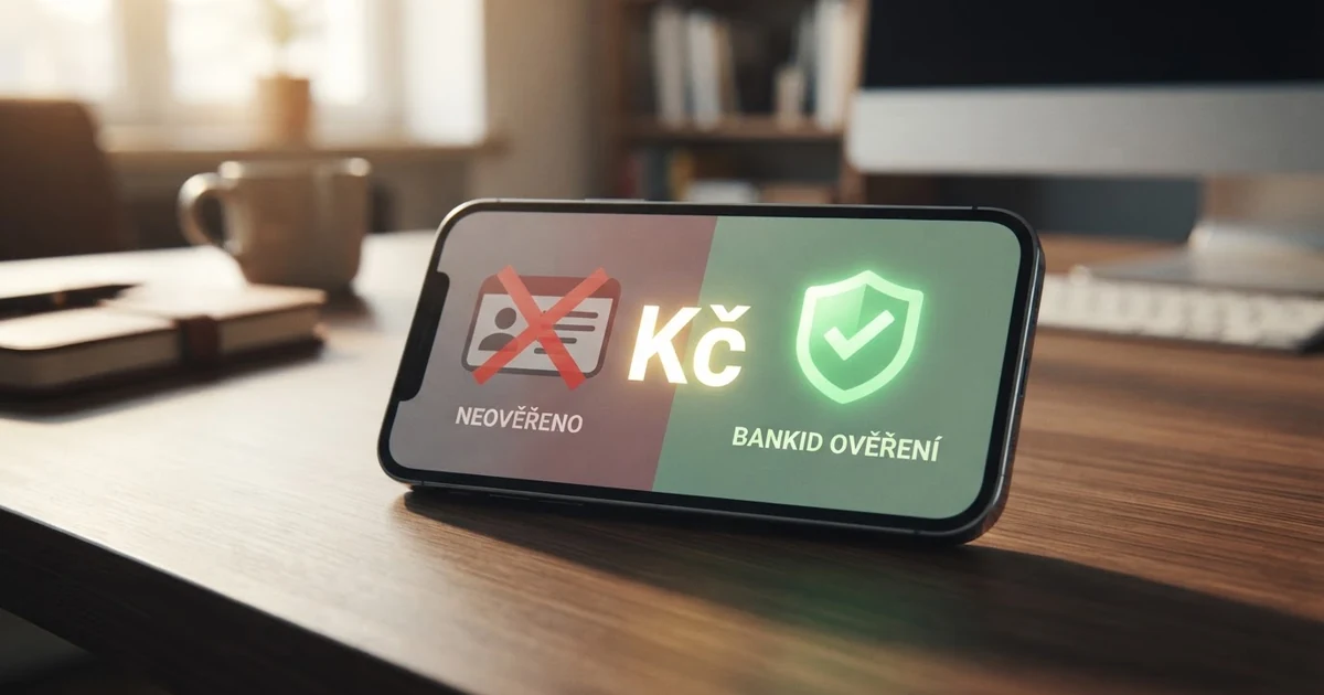 Dvě poloviny obrazovky: vlevo ikona dokladu s červeným křížkem, vpravo ikona BankID se zeleným potvrzením — mezi nimi otazník