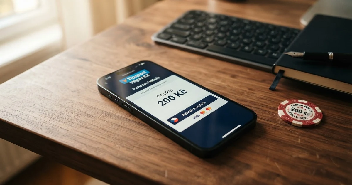 Mobilní telefon s otevřenou platební bránou online kasina a částkou 200 Kč