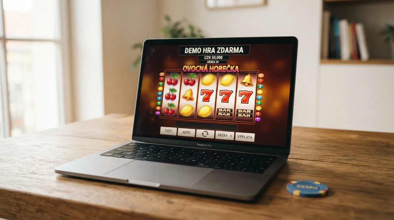Rozhraní demo režimu licencovaného online casina s fiktivními mincemi, tlačítkem Hrát zdarma a šedivým polem pro vklad