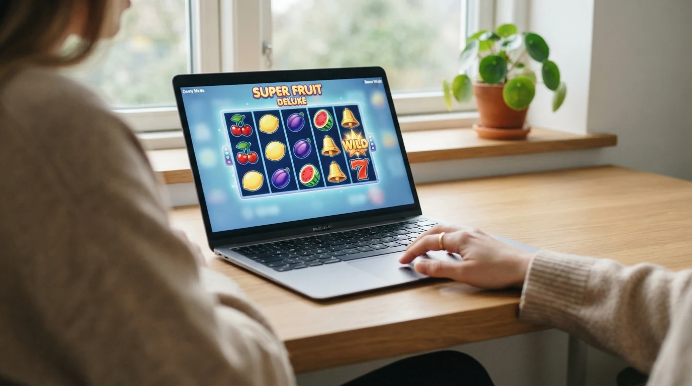 Obrazovka počítače s roztočenými válci online automatu, vedle tlačítko virtuálních kreditů a ukazatel zůstatku
