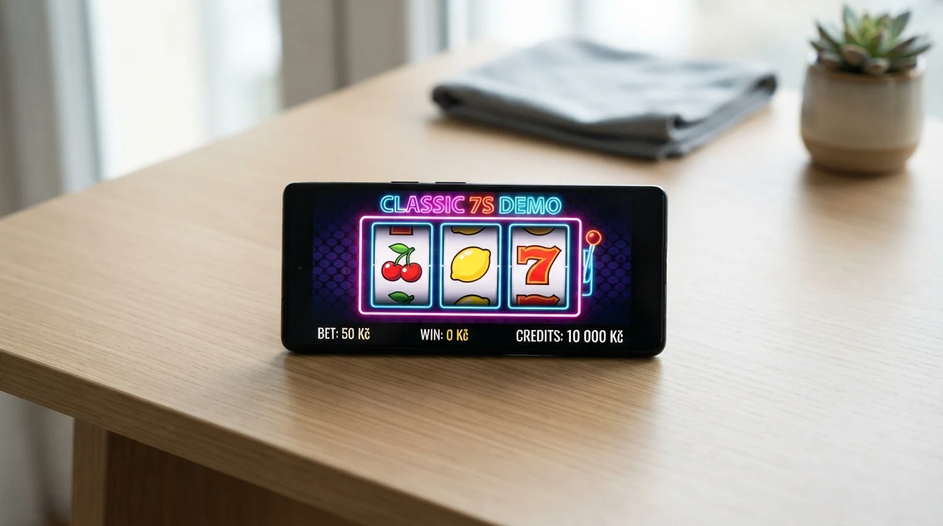 Hrací plocha klasického automatu v demo režimu se stavem virtuálního kreditu na displeji.