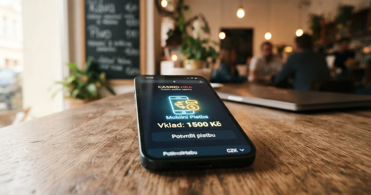 Mobilní telefon zobrazující logo platební brány GoPay a symboly českých online casin