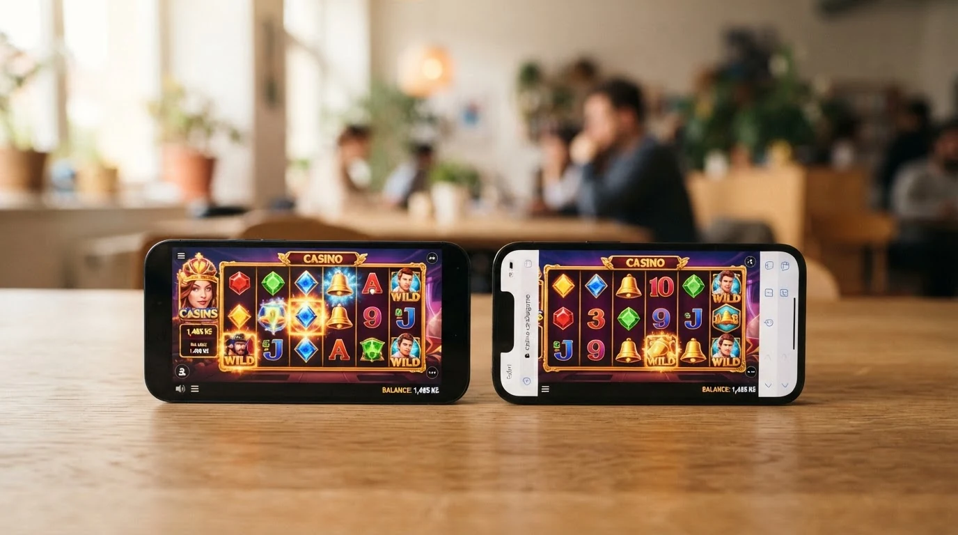 Dva mobilní telefony vedle sebe — na jednom nativní kasinová aplikace, na druhém stejné casino v prohlížeči