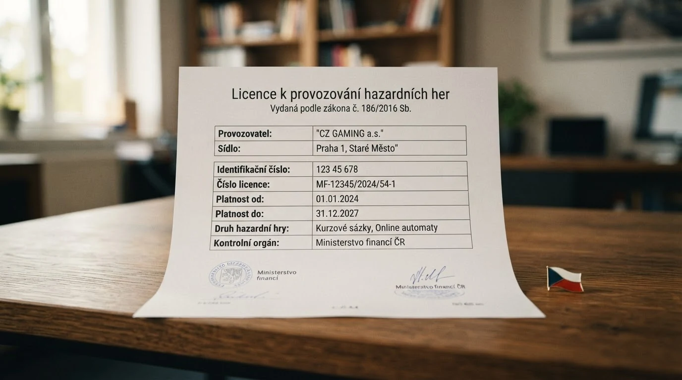Úřední dokument s logem Ministerstva financí ČR a razítkem — symbol licence k provozování hazardních her