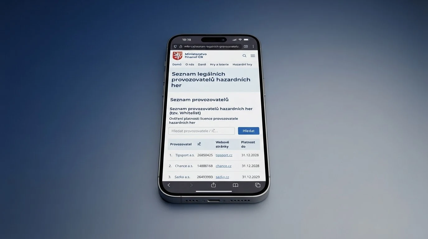 Displej mobilu s otevřeným Seznamem legálních provozovatelů hazardních her a logem Ministerstva financí ČR