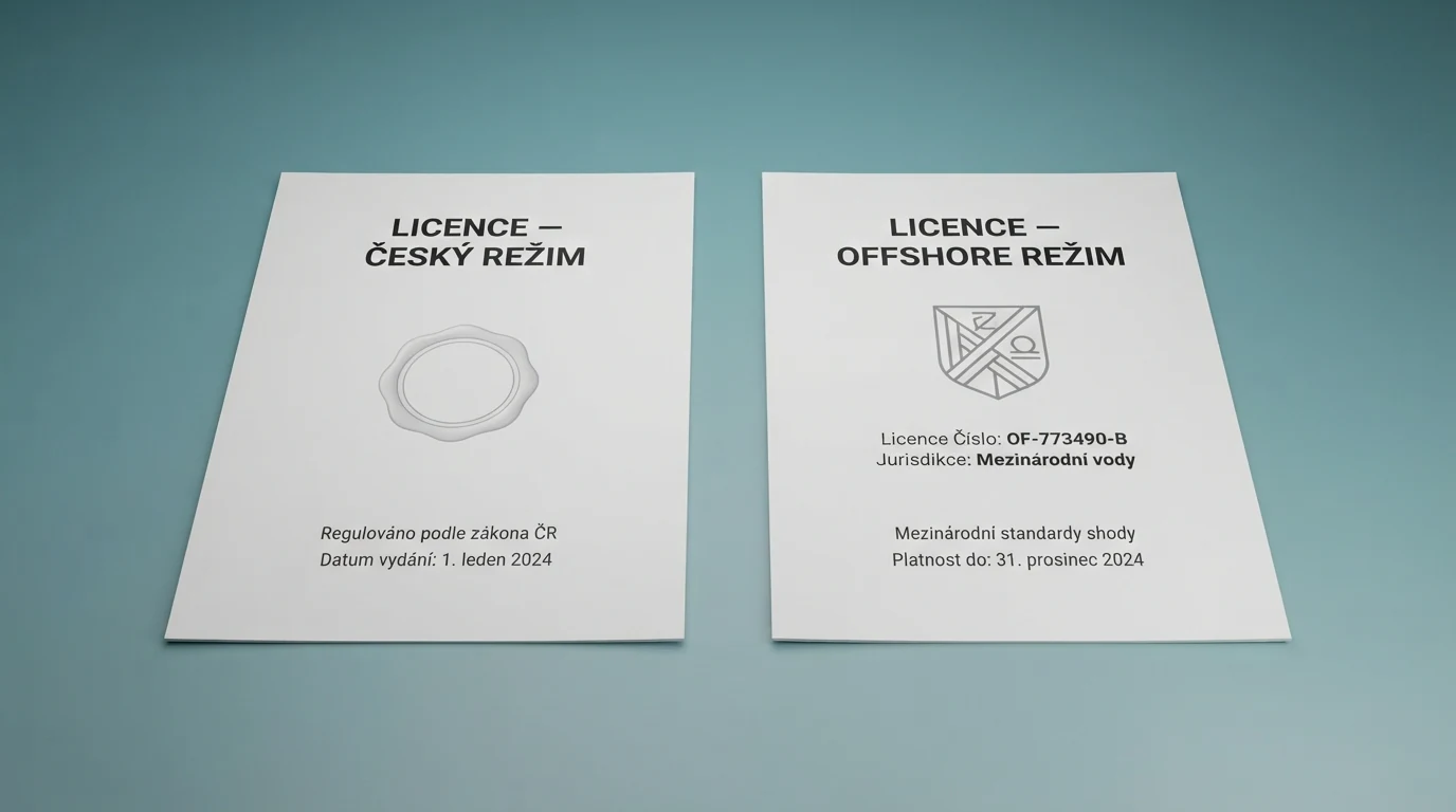 Symbolické zobrazení dvou licenčních režimů — úřední razítko MF ČR vedle Curaçao herní licence, mezi nimi otazník