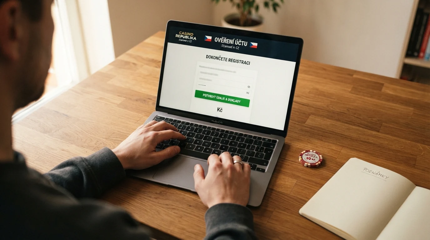 Úřední dokument s razítkem Ministerstva financí ČR a paragrafem zákona o hazardních hrách vedle monitoru s online kasinem