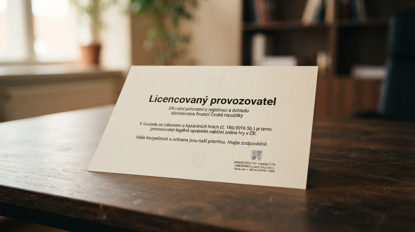 Ilustrace úřední listiny s logem Ministerstva financí ČR doplněná symbolem zámku a nápisem „Licencovaný provozovatel“