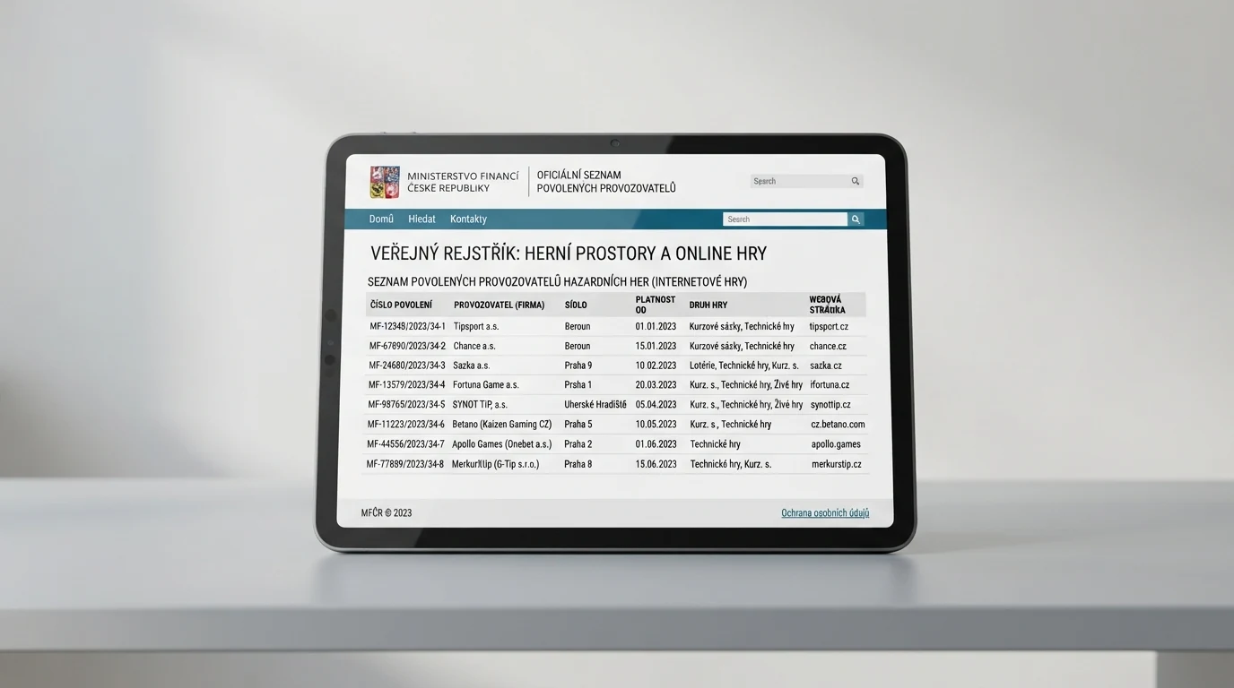 Výřez veřejného seznamu legálních provozovatelů hazardních her na webu Ministerstva financí ČR s čísly základních povolení