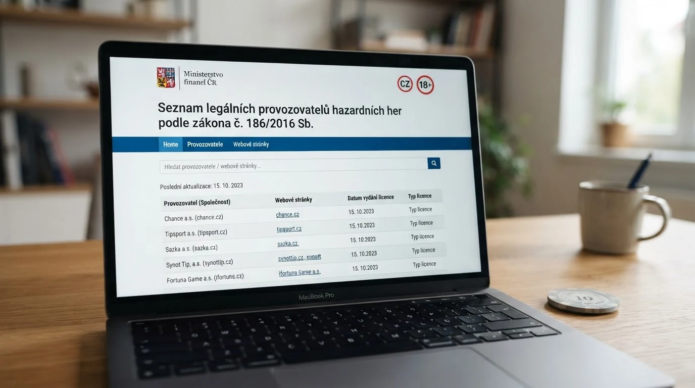 Výřez z veřejného registru MF ČR — Seznam legálních provozovatelů hazardních her s viditelným logem ministerstva a výpisem držitelů licence