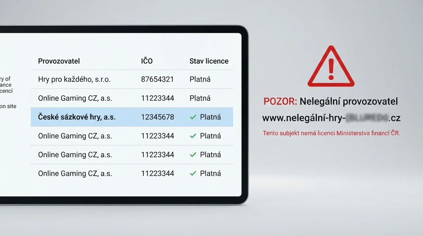 Výřez z registru licencovaných provozovatelů MF ČR na monitoru — vedle něj varovný symbol u offshore domény