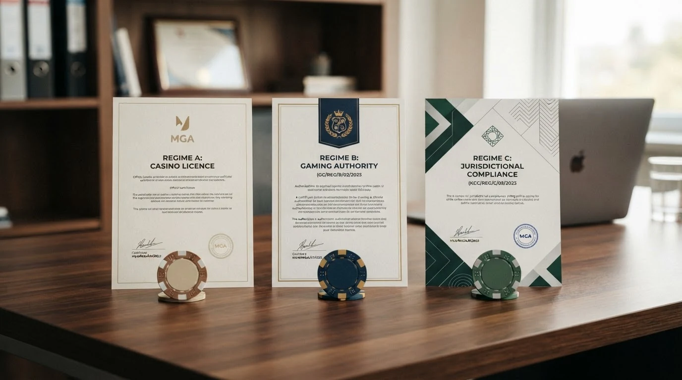 Znak Ministerstva financí ČR vedle loga MGA a Curaçao eGaming — tři licenční režimy na jedné ploše