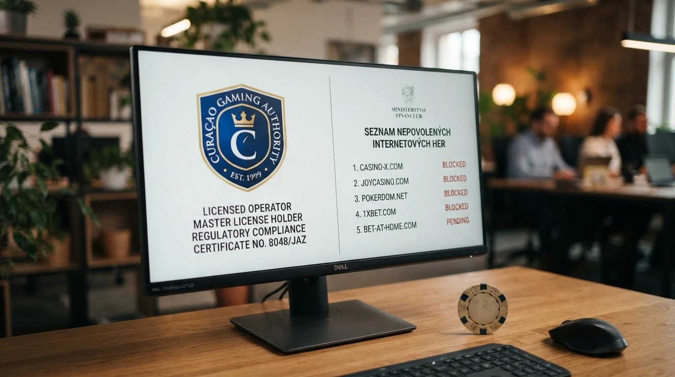 Úřední pečeť Curaçao Gaming Authority vedle výpisu z českého Seznamu nepovolených internetových her na obrazovce monitoru