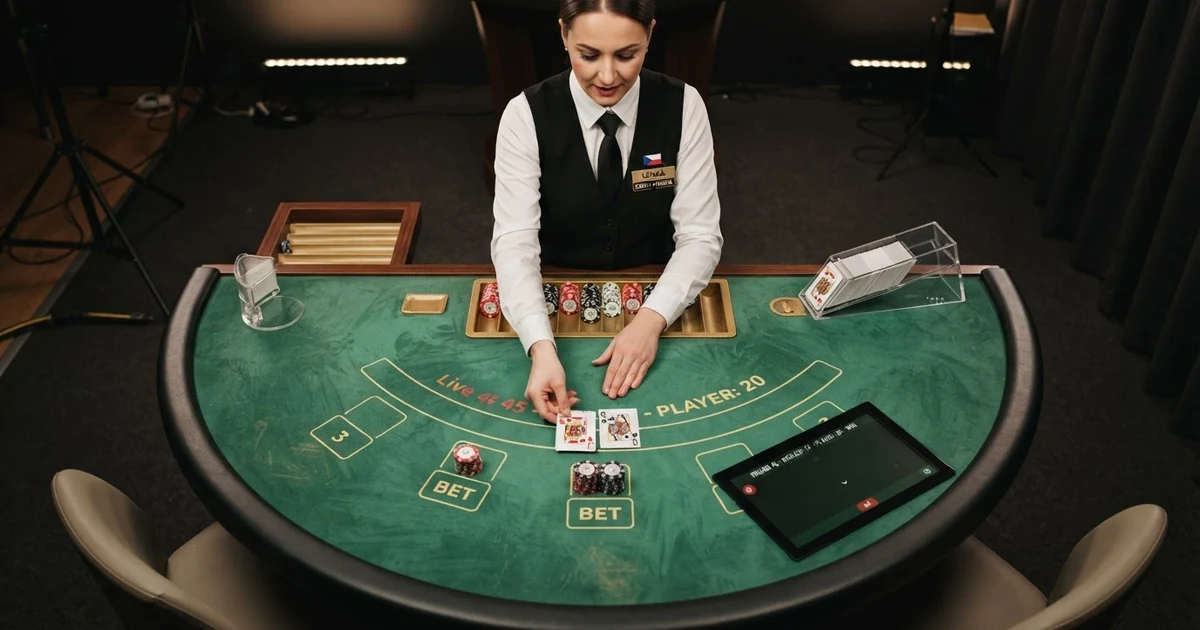Živý krupiér rozdává karty u blackjackového stolu v profesionálním studiu — pohled na stůl z ptačí perspektivy s viditelnými kartami, sázkovými poli a obrazovkou s historií kol.