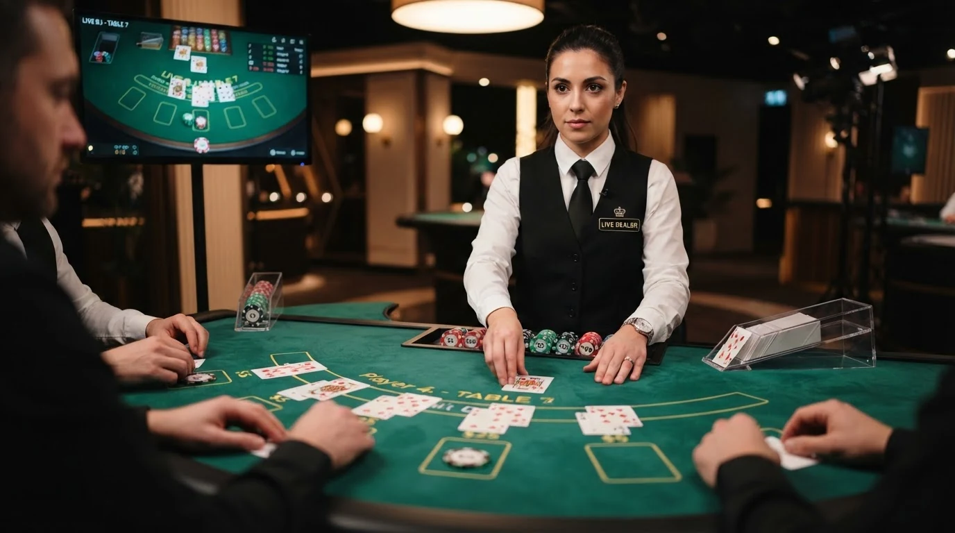 Detail blackjackového stolu s kartami, krupiérem a rozhraním sázek na obrazovce — sedm míst u stolu, kurzor na tlačítku zdvojení.