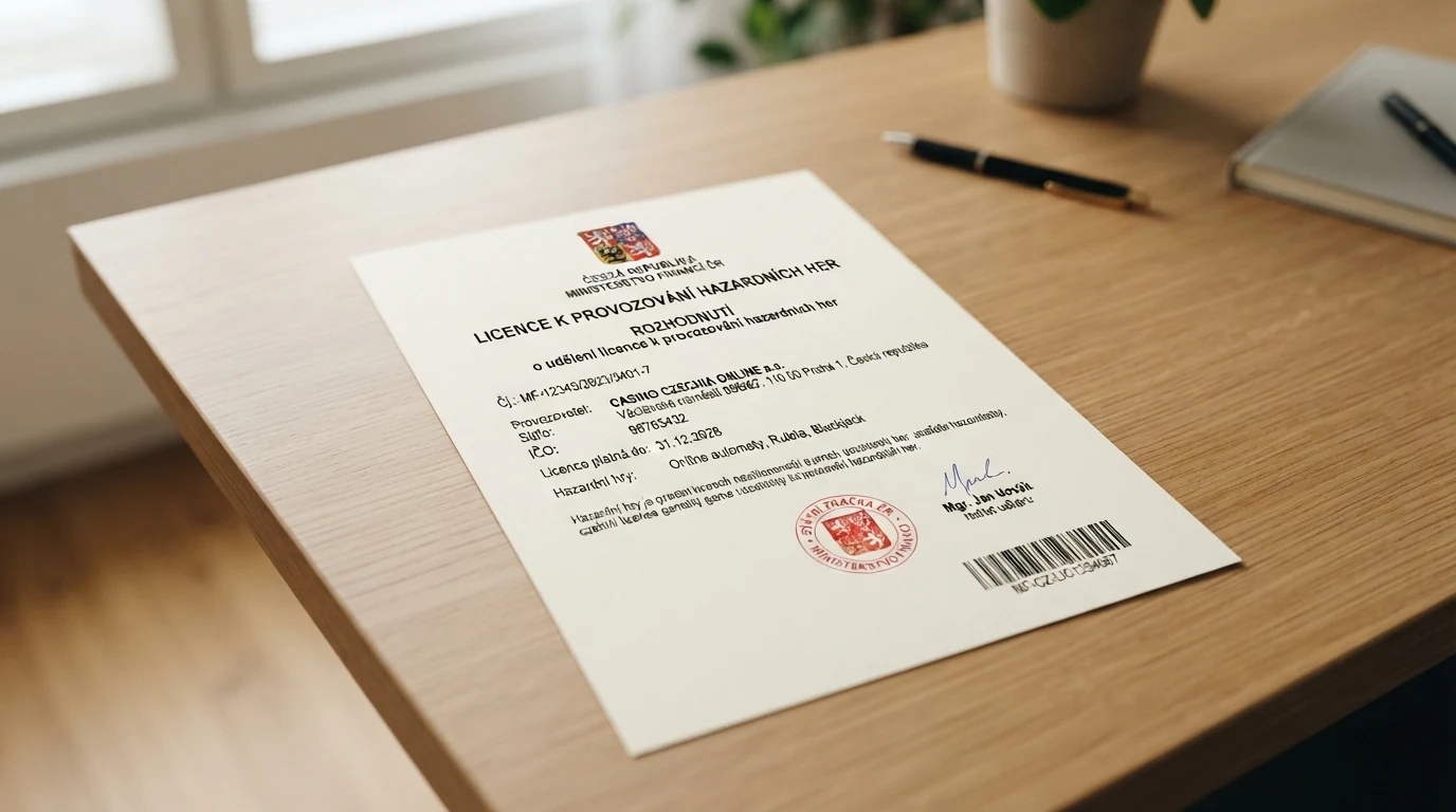 Úřední dokument — licence Ministerstva financí ČR k provozování hazardních her, razítko a podpis