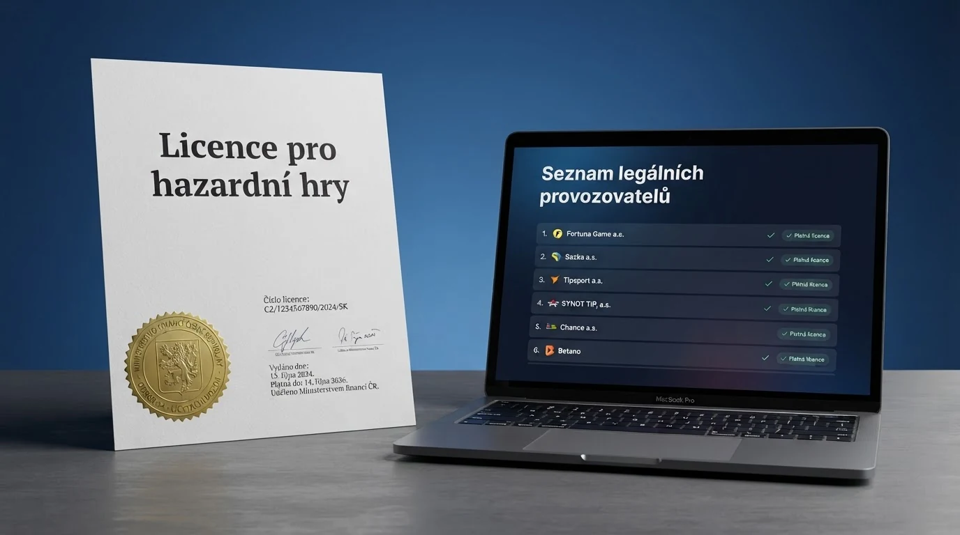 Úřední dokument s razítkem Ministerstva financí ČR vedle obrazovky s logy licencovaných online casin