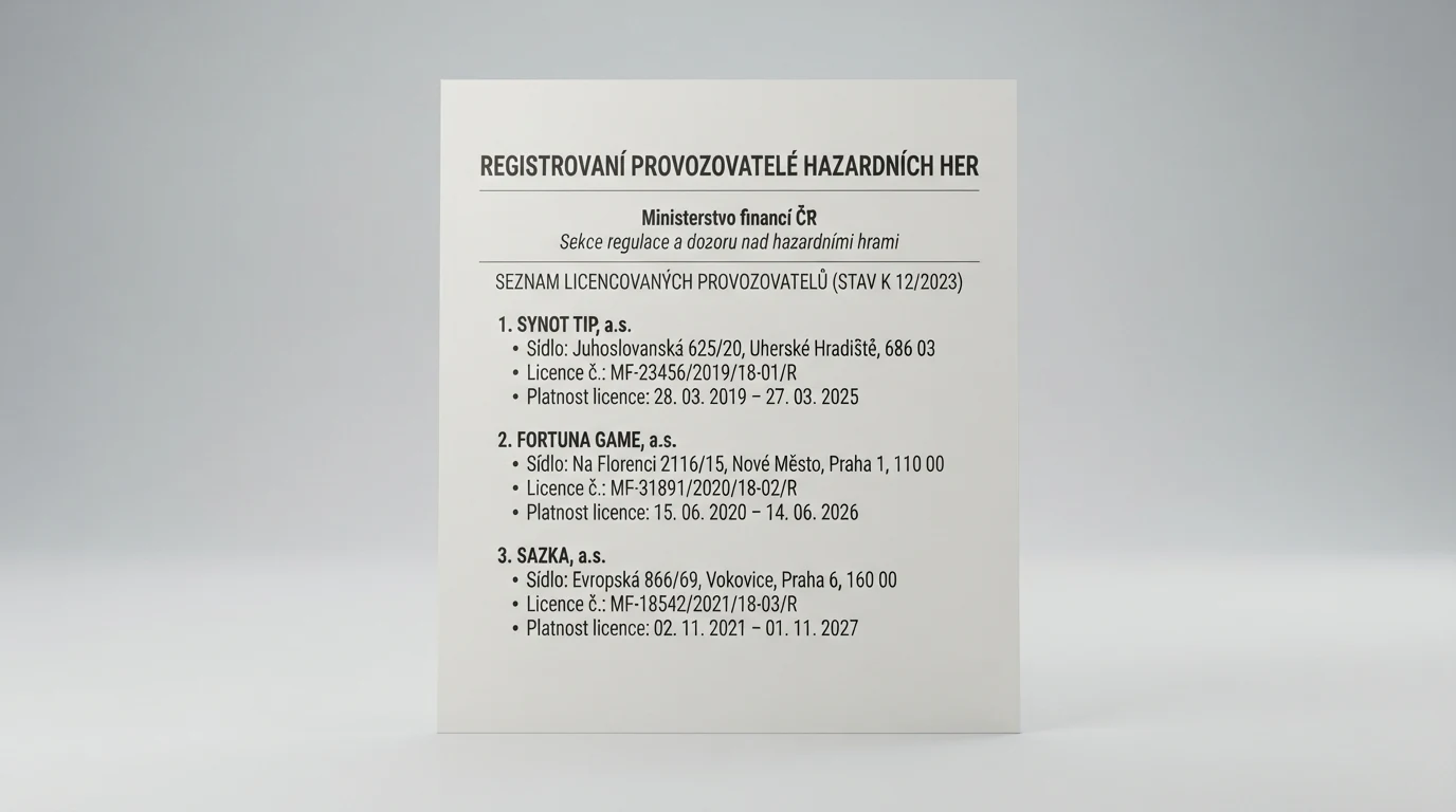 Úřední výpis z veřejného registru provozovatelů hazardních her vedeného Ministerstvem financí ČR se zvýrazněnou kolonkou licence
