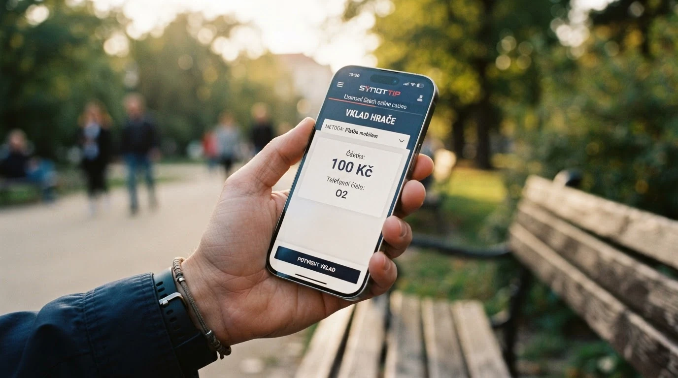 Mobilní telefon s otevřenou stránkou českého online casina a nabídkou vkladu přes M-platbu