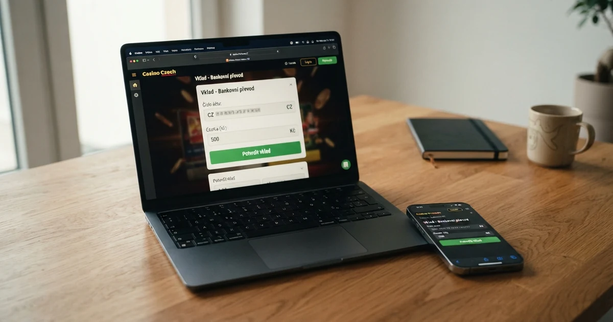 Mobilní telefon a notebook zobrazující online casino s formulářem pro zadání bankovního převodu