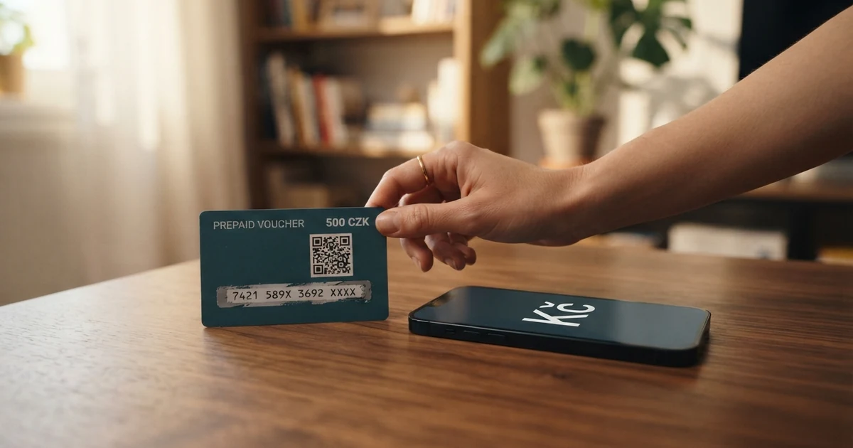 Předplacený kupón Paysafecard se šestnáctimístným kódem vedle mobilního telefonu.