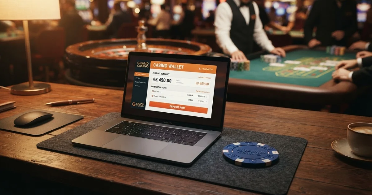 Logo Skrill na obrazovce notebooku vedle karetních symbolů a rulety — online casino prostředí