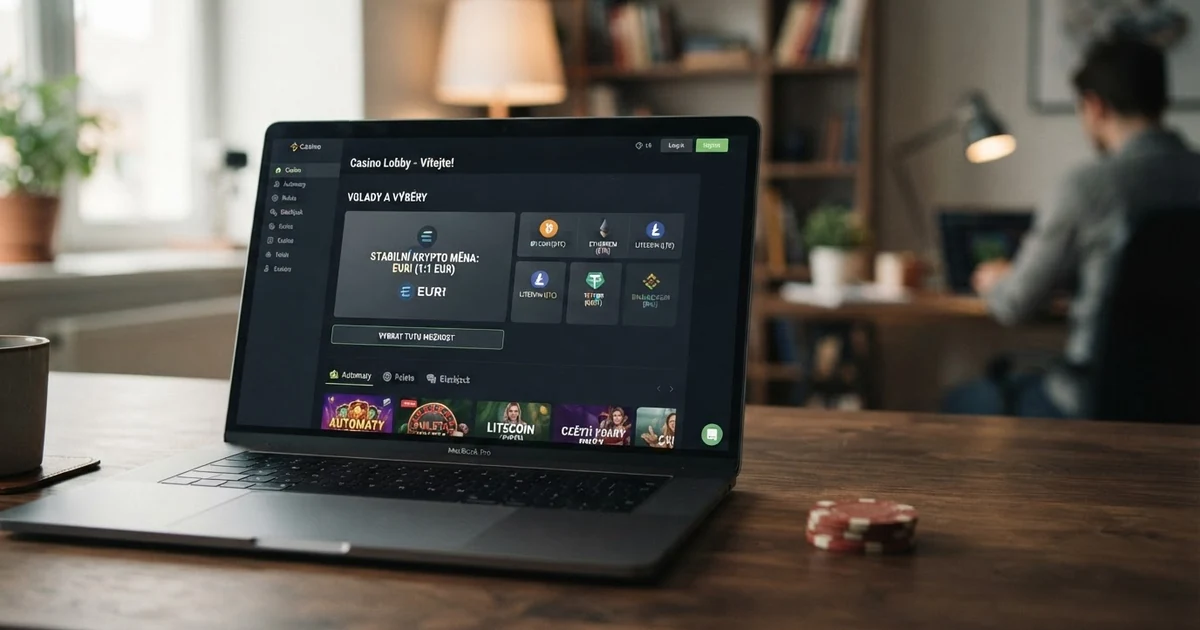 Rozhraní online kasina s logem Tetheru a nabídkou kryptoměnových vkladů (USDT, BTC, ETH) na displeji notebooku