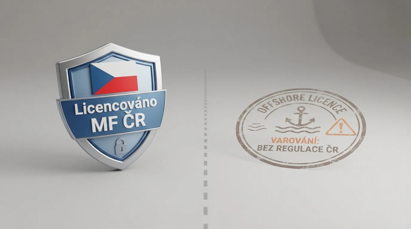 srovnání dvou režimů — vlevo logo MF ČR a česká vlajka s nápisem „Licencované“, vpravo razítko offshore jurisdikce s varovným symbolem