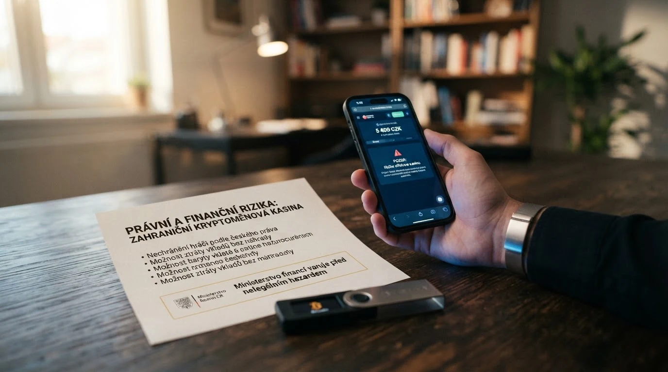 Úřední dokument Ministerstva financí ČR položený vedle hardwarové bitcoinové peněženky