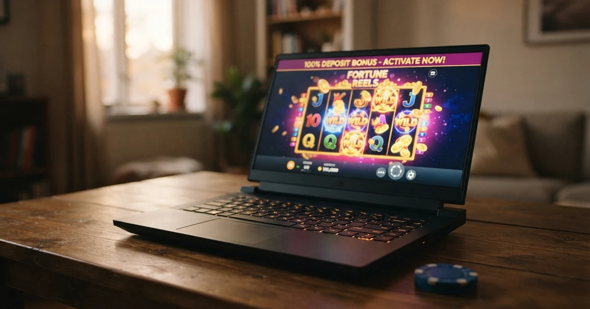 Herní automat s roztočenými válci, bonusová obrazovka s nápisem 100% vkladový bonus a logo casino webu na monitoru notebooku