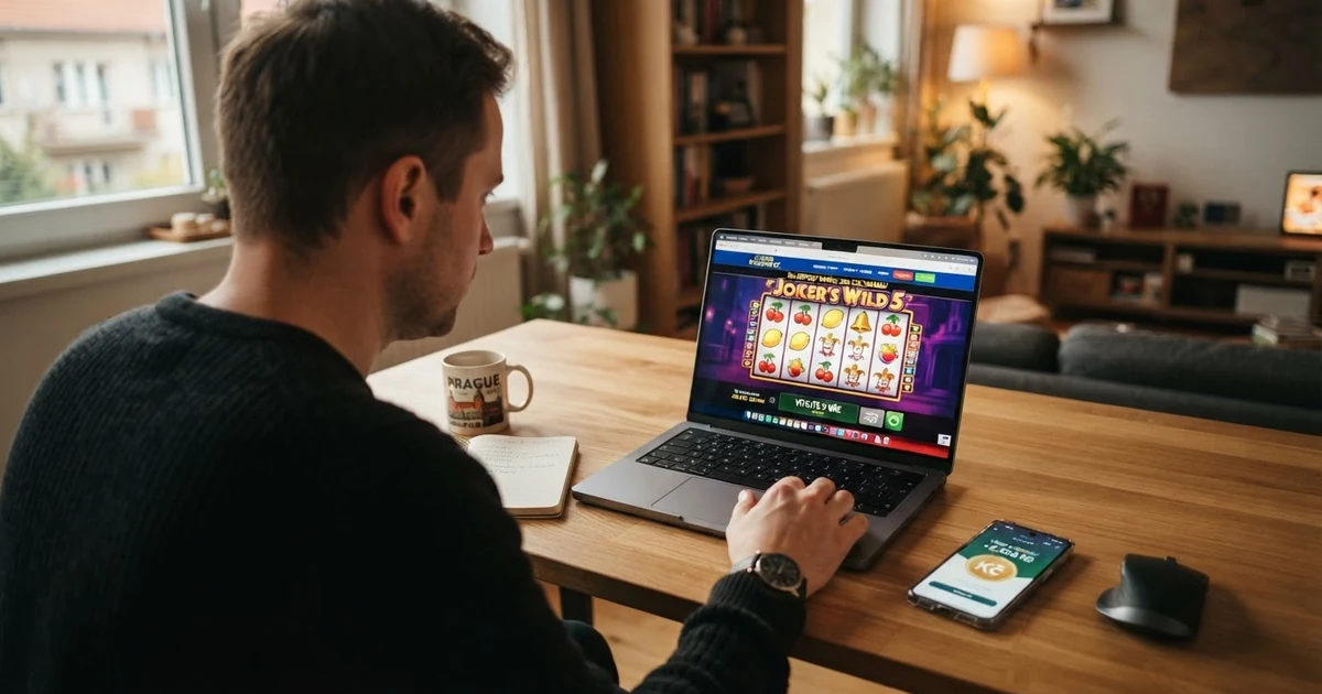 Online casino bonus bez vkladu — hráč u notebooku prohlíží nabídku free spinů, vedle leží mobil s otevřenou peněženkou