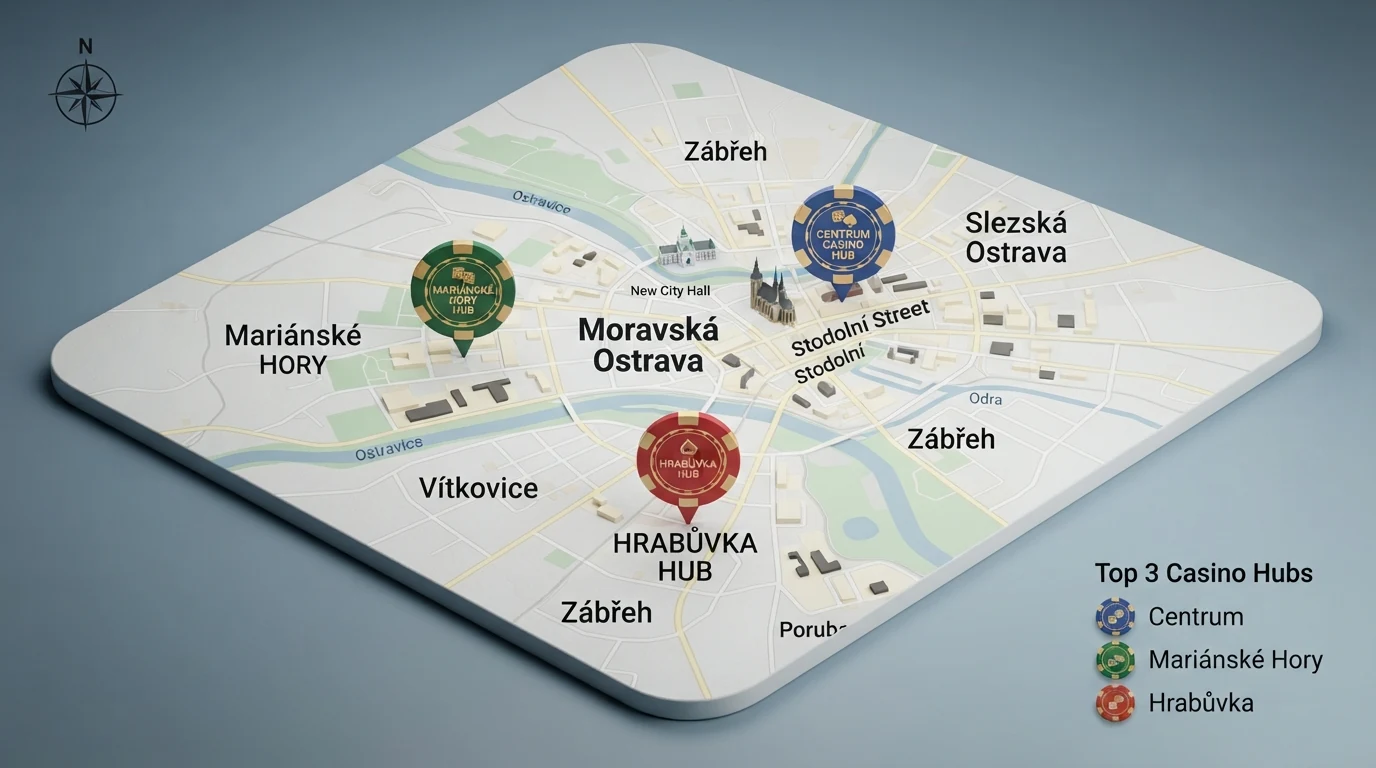 Mapa městských částí Ostravy s vyznačenými kasiny