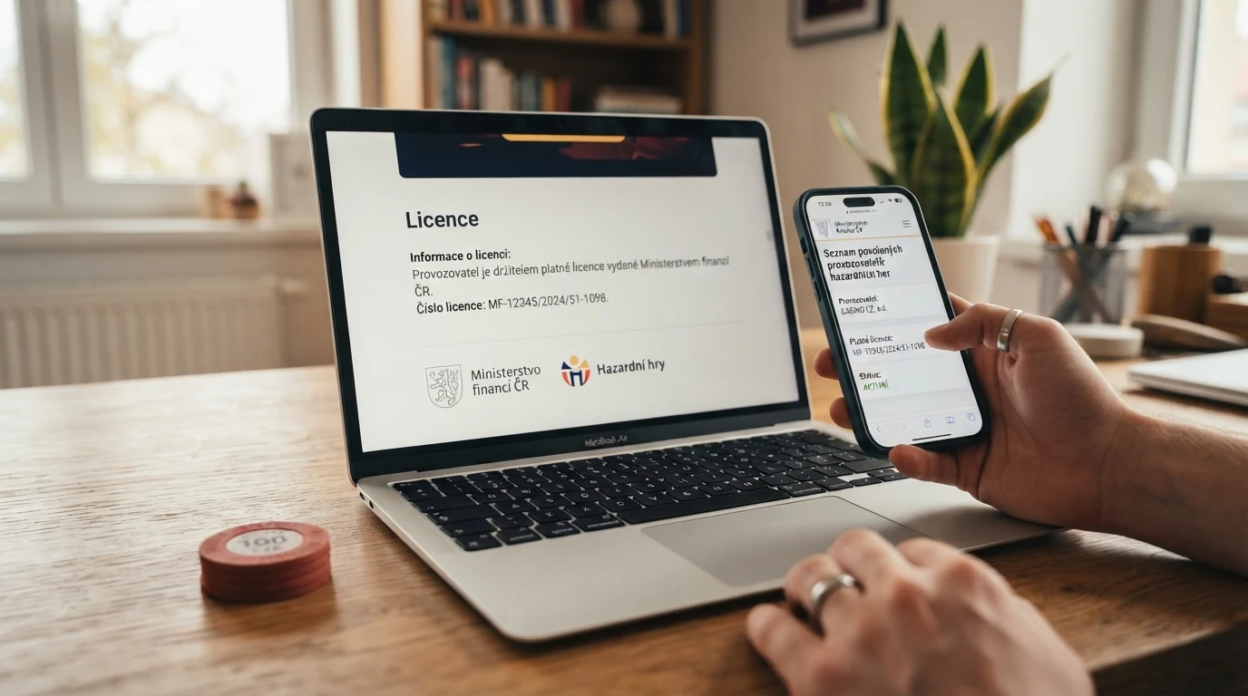 Patička webu online casina s vyznačeným logem licenční autority a číslem licence