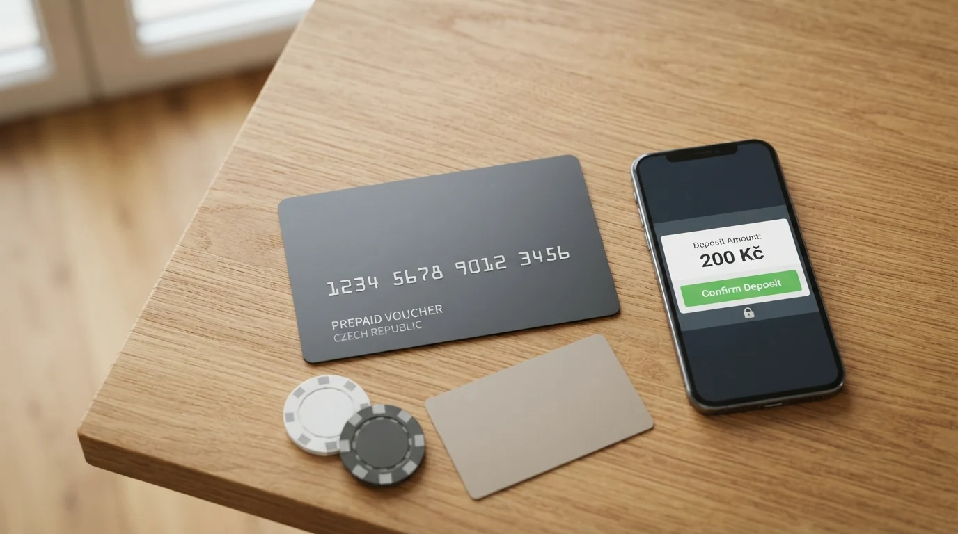 Paysafecard kupon s vytištěným kódem položený vedle českých mincí a bankovek