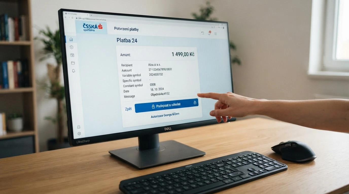 Obrazovka internetového bankovnictví České spořitelny s potvrzovacím dialogem platby — pole s částkou, variabilním symbolem a tlačítkem pro autorizaci