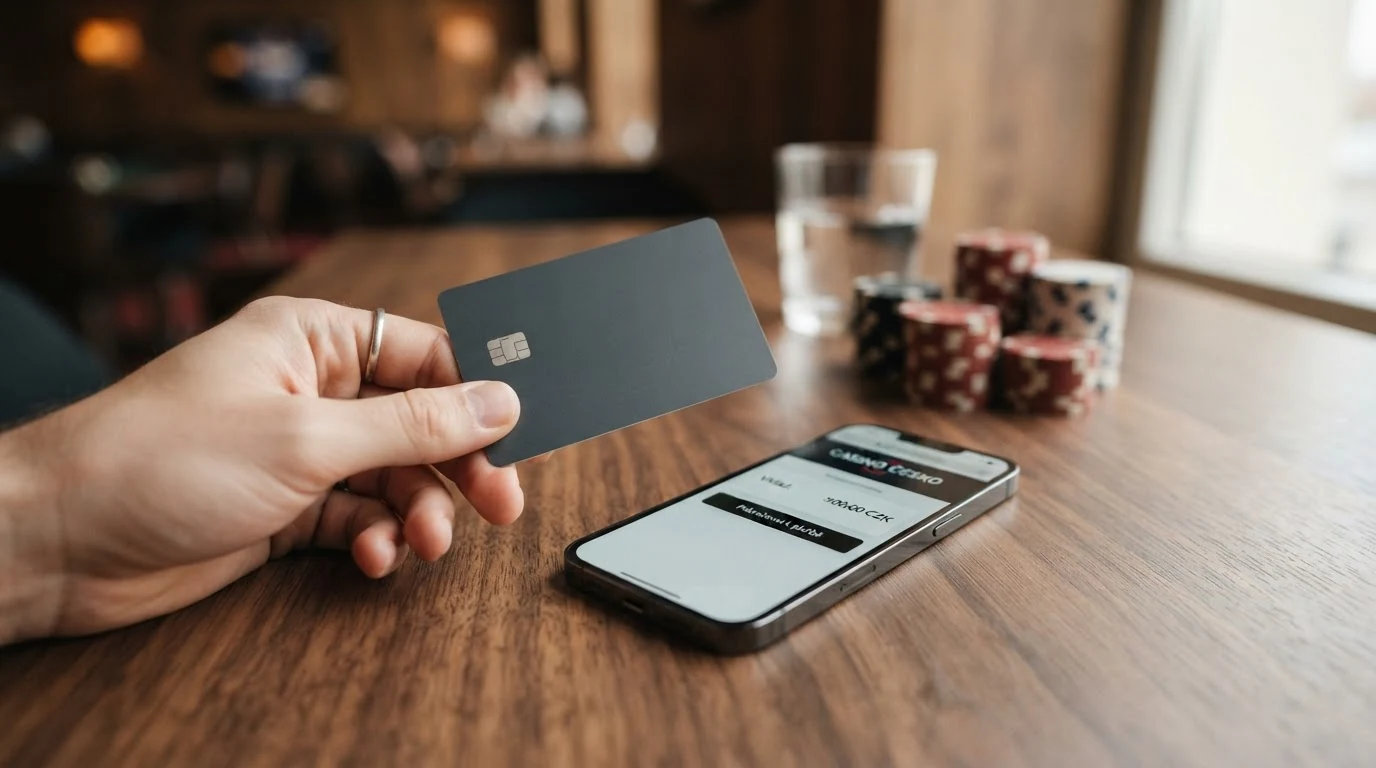 Hráč zadává údaje platební karty do formuláře online casina na mobilním telefonu.