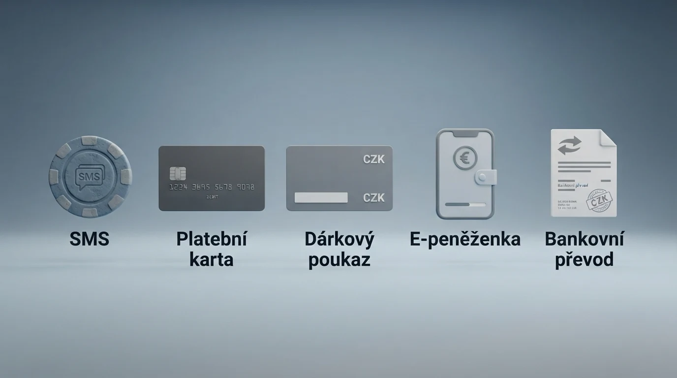 Infografika porovnávající pět způsobů vkladu z mobilu: SMS, platební karta, Paysafecard, PayPal a bankovní převod, každý s ikonou a částkou poplatku