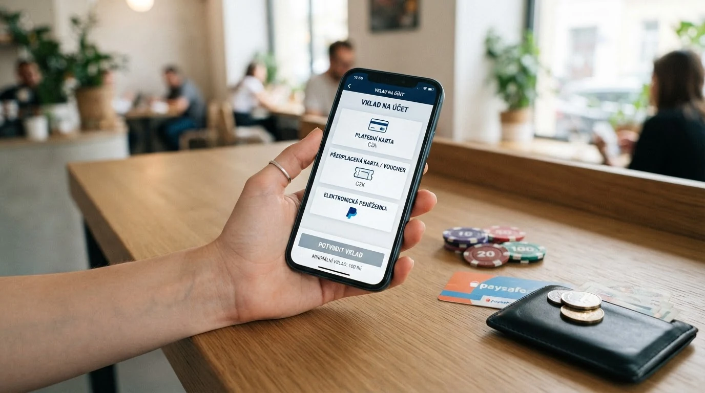 Výběr platebních metod na obrazovce kasina — ikony karet, Paysafecard, bankovního převodu a e-waletů