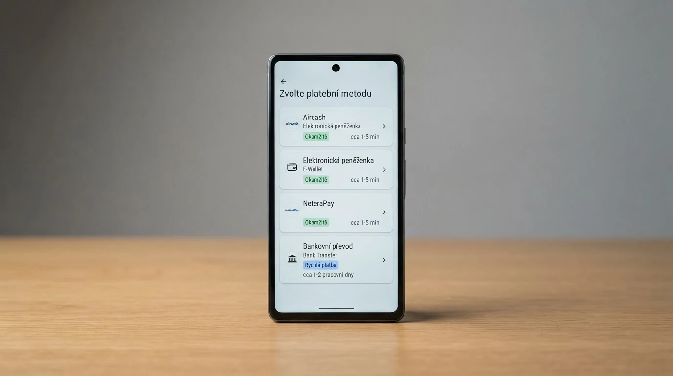 Displej mobilu s výběrem platebních metod — Aircash, Skrill, NeteraPay, bankovní převod — každá s časovým údajem
