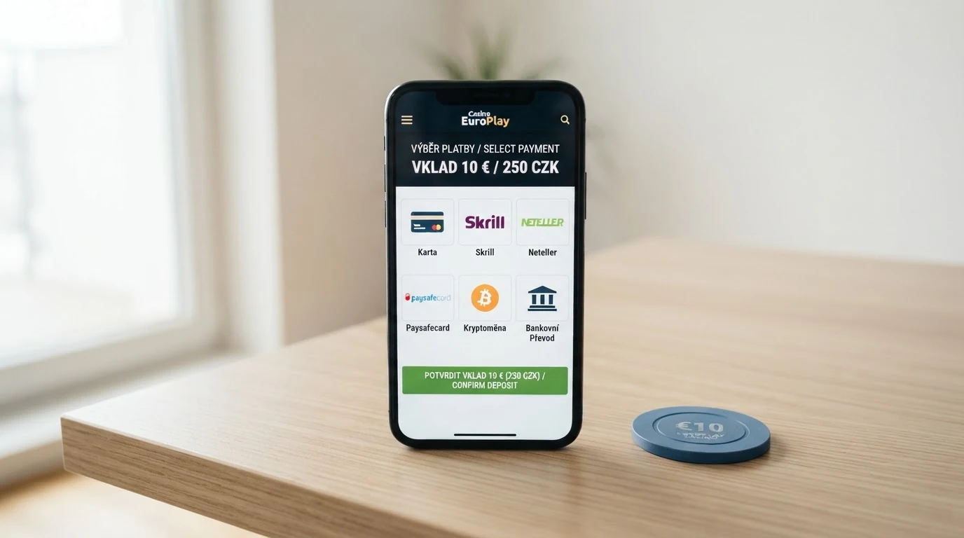 Obrazovka kasina s výběrem platebních metod — vedle sebe ikony Visa, Mastercard, Skrill, Neteller, Paysafecard a bitcoinu, na displeji částka 10 €