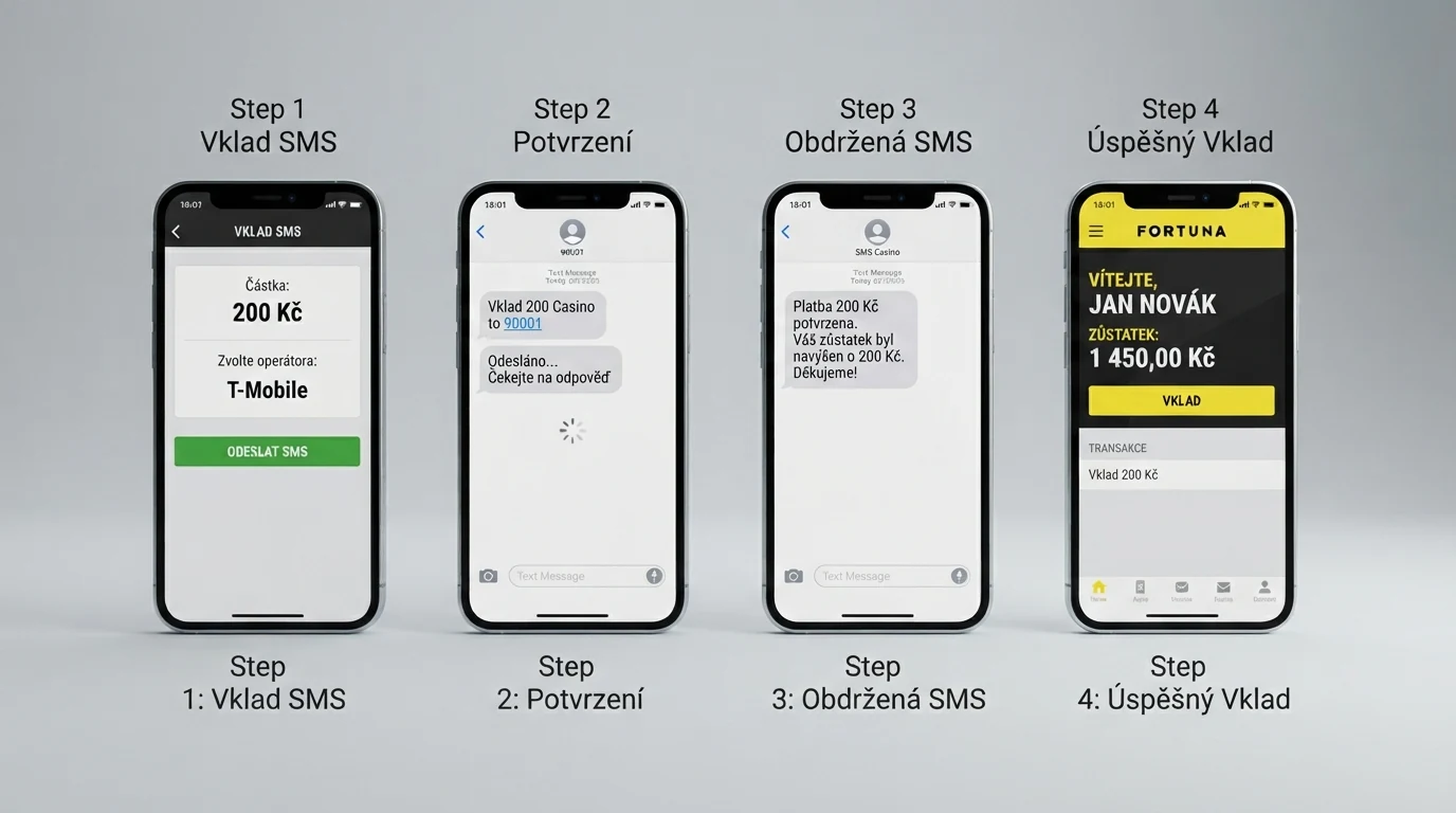 Schéma čtyř kroků SMS vkladu od odeslání zprávy po připsání na herní účet