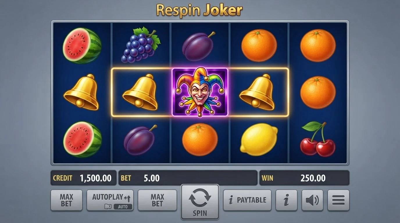 Výherní automat Respin Joker od společnosti SYNOT Games — pětiválcový ovocný slot s respin funkcí a wild Joker symbolem na obrazovce