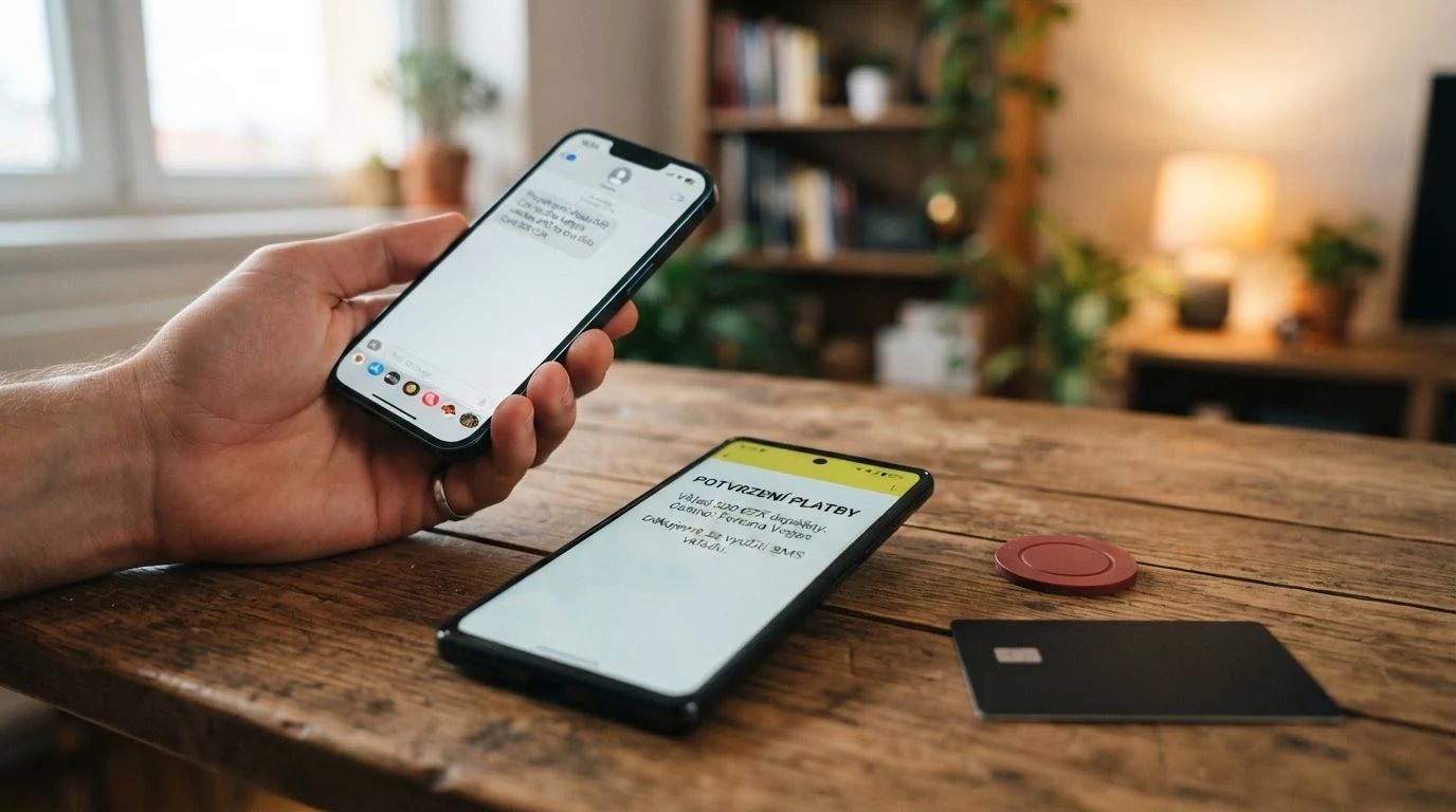 Mobilní telefon zobrazující potvrzení SMS platby do online casina.