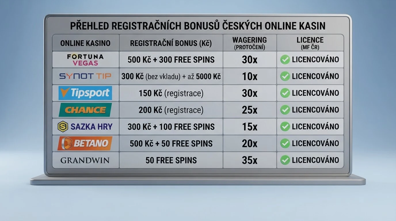 Srovnávací tabulka deseti kasin s hodnotami bonusů za registraci, zvýrazněné rozdíly mezi licencovanými a offshore provozovateli