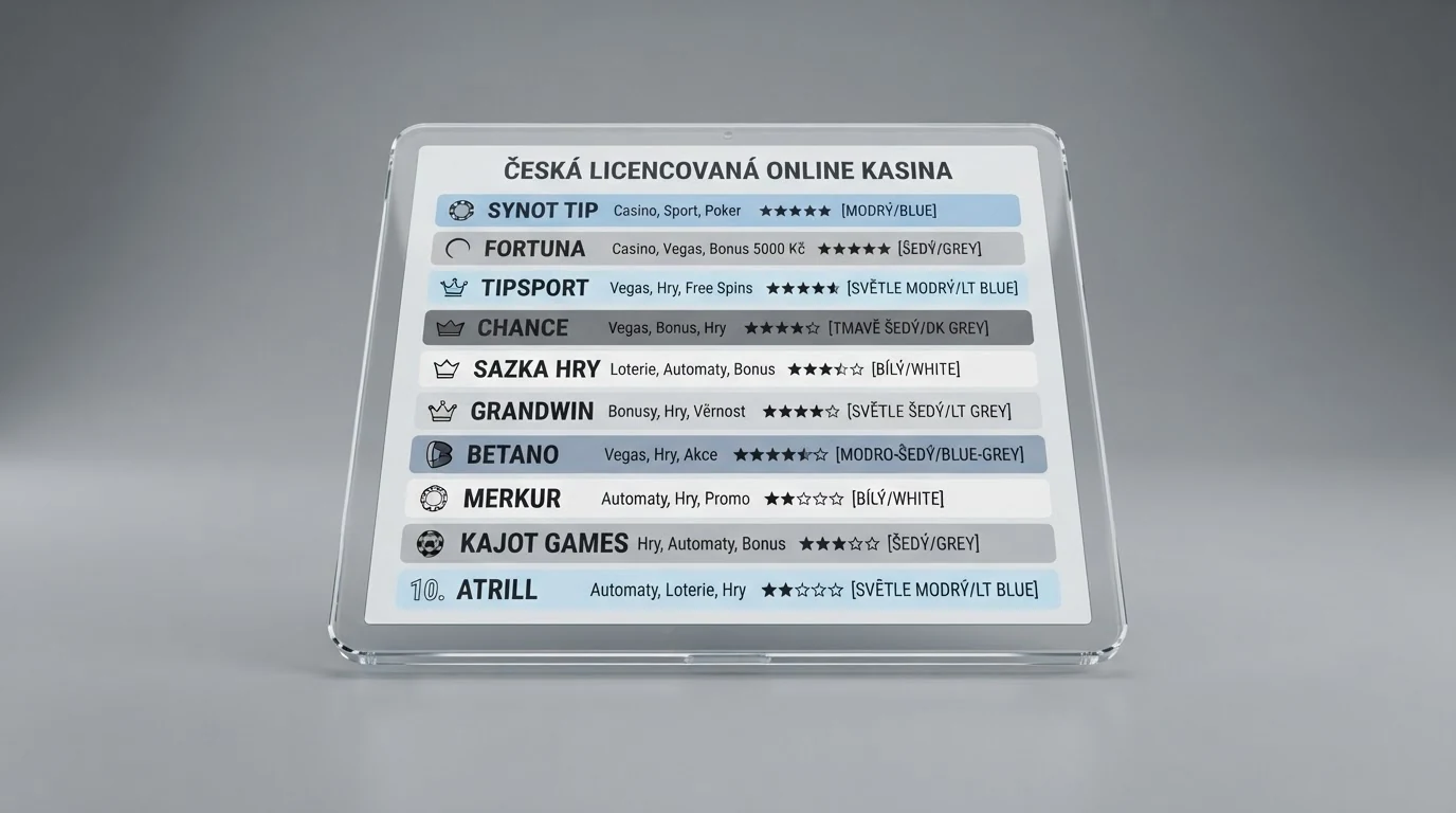 Přehledná tabulka s logy deseti českých licencovaných online casin