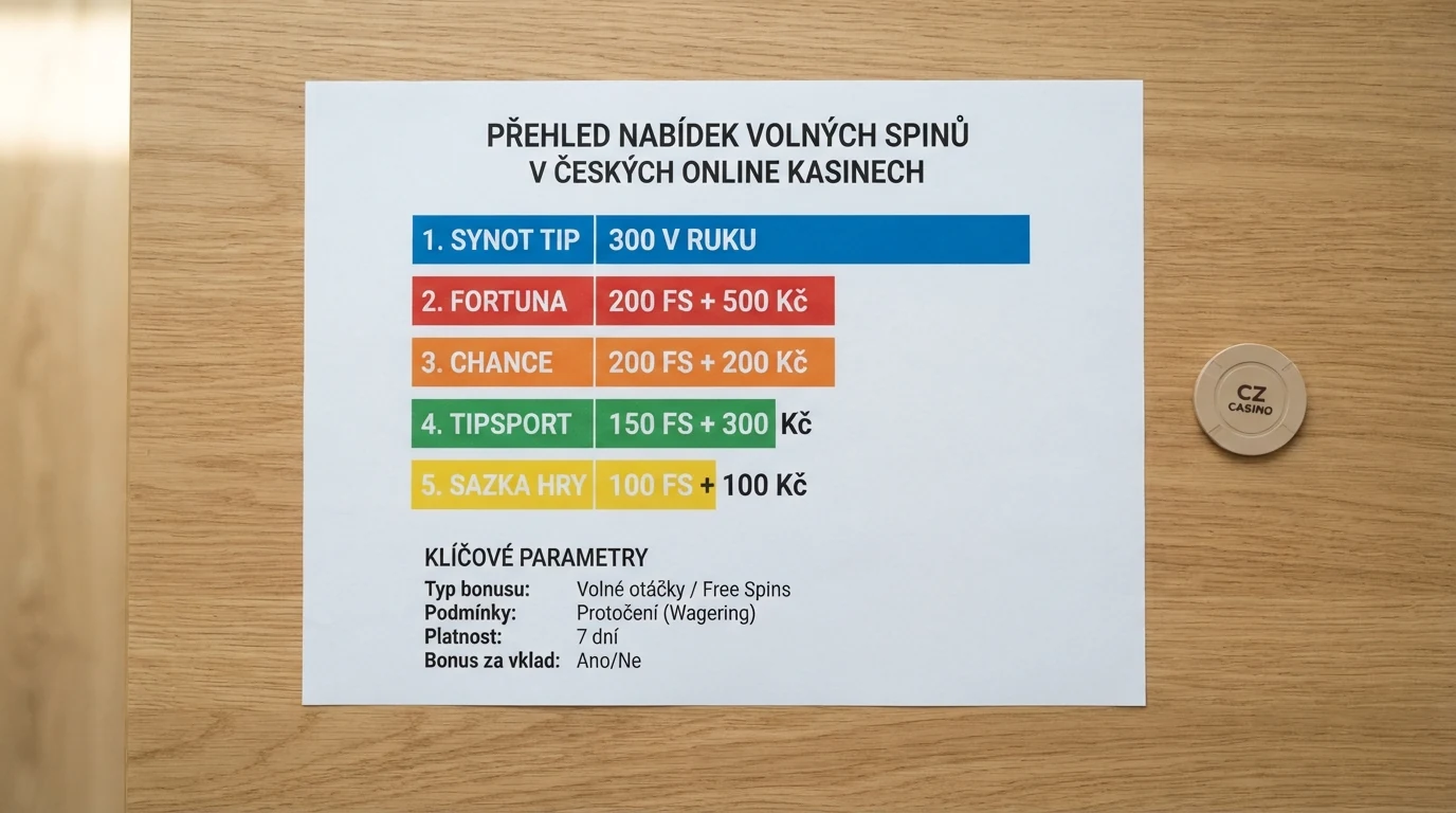 Přehledová tabulka s logy a parametry porovnávaných českých online casin s důrazem na počet free spinů a podmínky